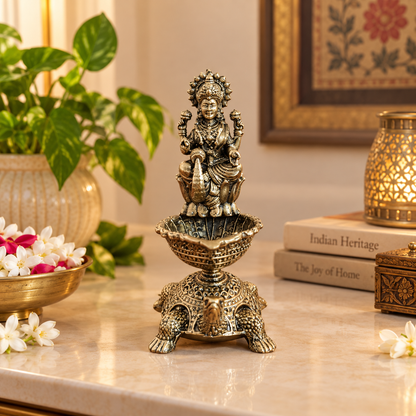 Antique Brass Lakshmi Diya with Turtle Base for Puja & Home Decor | The Indian Aura