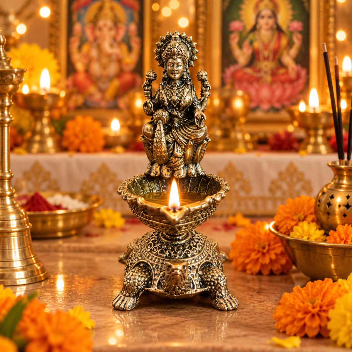 Antique Brass Lakshmi Diya with Turtle Base for Puja & Home Decor | The Indian Aura