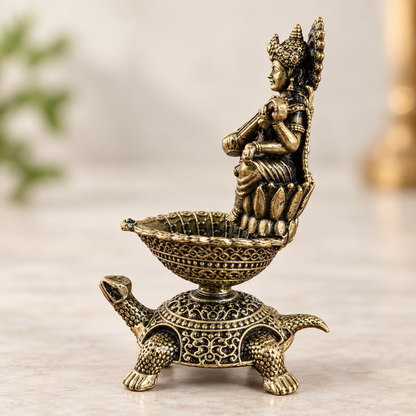 Antique Brass Saraswati Diya with Turtle Base for Puja & Home Decor | The Indian Aura