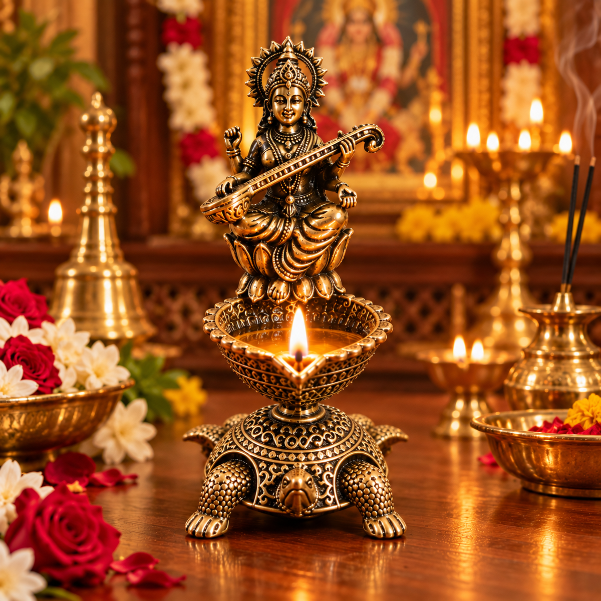 Antique Brass Saraswati Diya with Turtle Base for Puja & Home Decor | The Indian Aura