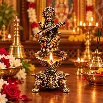 Antique Brass Saraswati Diya with Turtle Base for Puja & Home Decor | The Indian Aura