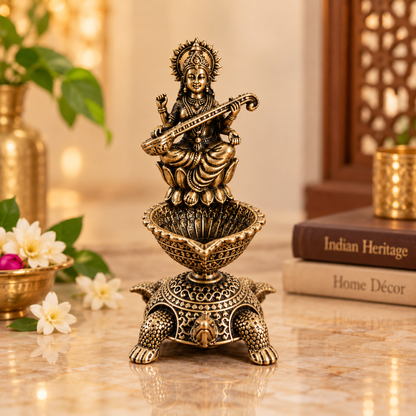 Antique Brass Saraswati Diya with Turtle Base for Puja & Home Decor | The Indian Aura