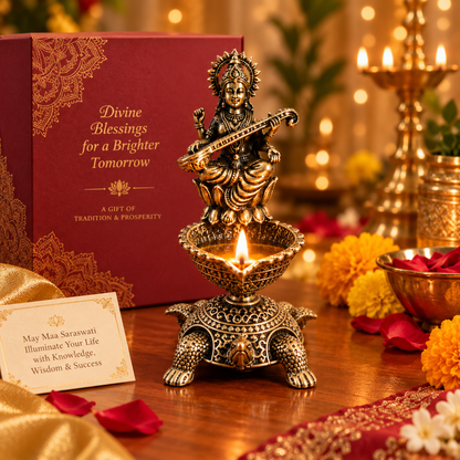 Antique Brass Saraswati Diya with Turtle Base for Puja & Home Decor | The Indian Aura
