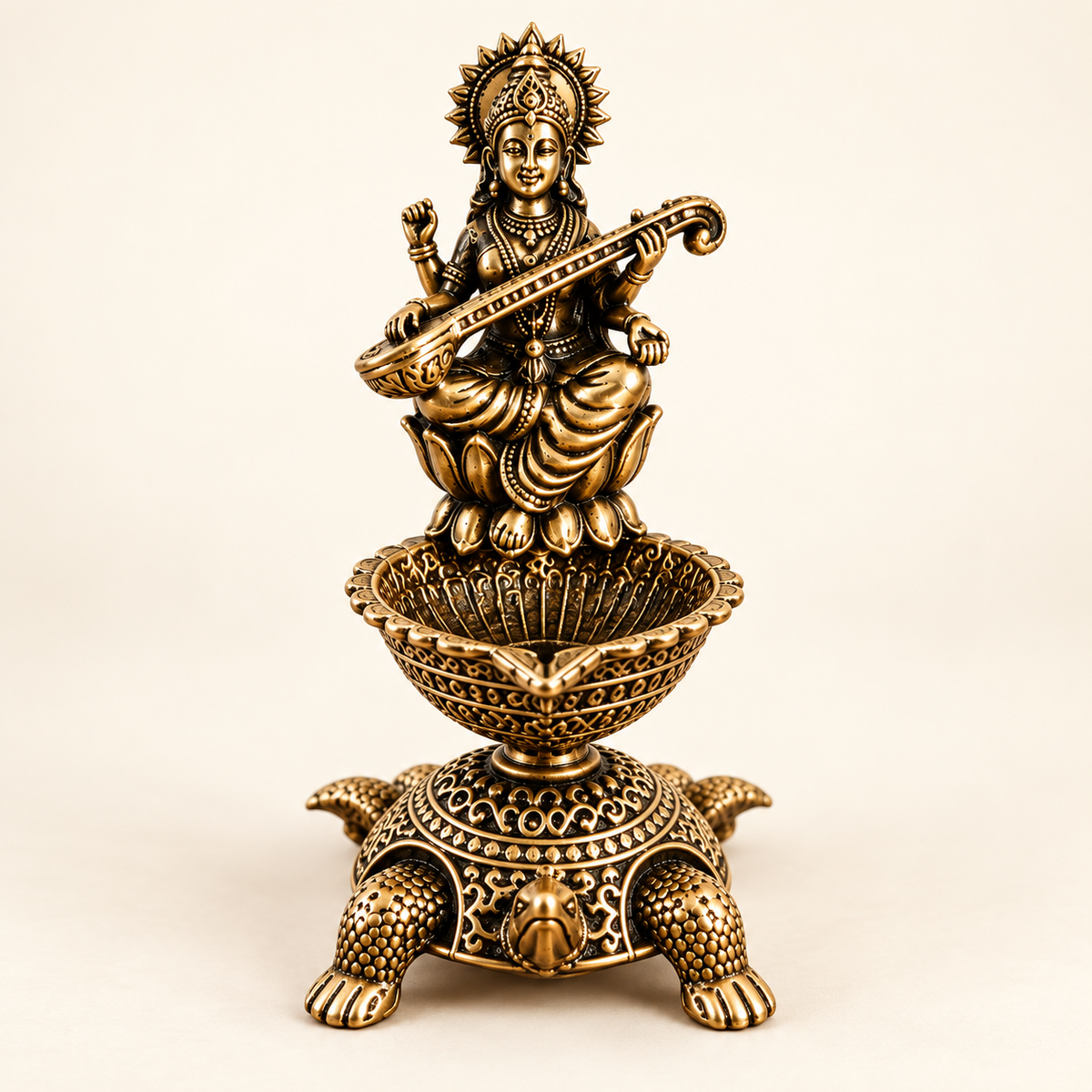 Antique Brass Saraswati Diya with Turtle Base for Puja & Home Decor | The Indian Aura