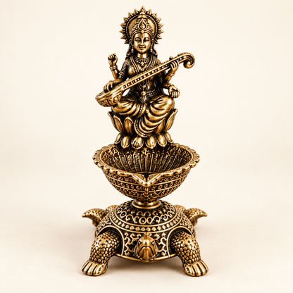 Antique Brass Saraswati Diya with Turtle Base for Puja & Home Decor | The Indian Aura