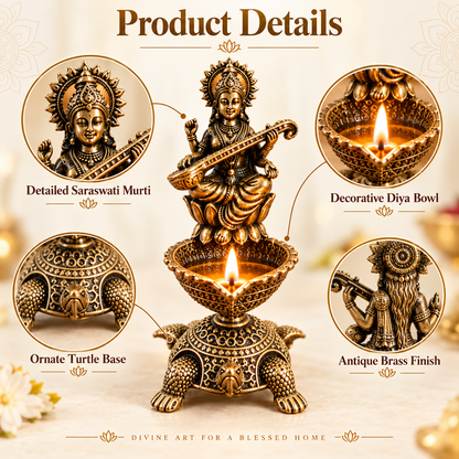 Antique Brass Saraswati Diya with Turtle Base for Puja & Home Decor | The Indian Aura