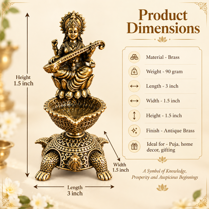 Antique Brass Saraswati Diya with Turtle Base for Puja & Home Decor | The Indian Aura