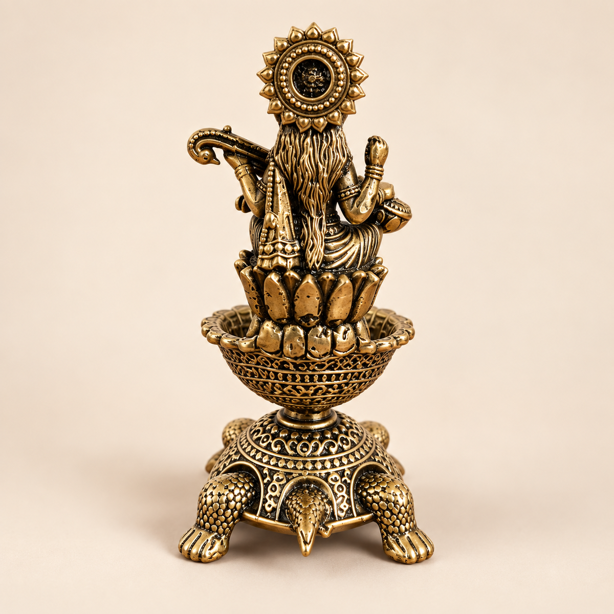 Antique Brass Saraswati Diya with Turtle Base for Puja & Home Decor | The Indian Aura