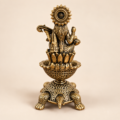 Antique Brass Saraswati Diya with Turtle Base for Puja & Home Decor | The Indian Aura