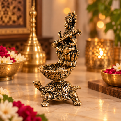 Antique Brass Saraswati Diya with Turtle Base for Puja & Home Decor | The Indian Aura