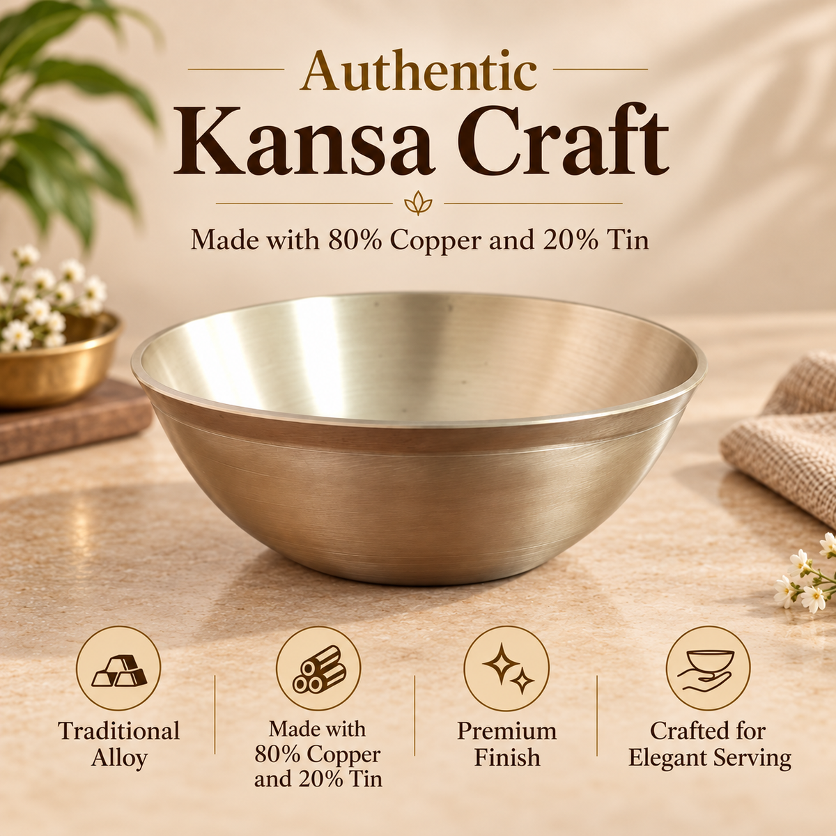 Premium Pure Kansa Bowl Set | Traditional Bronze Metal Serving & Eating Bowls | Handmade Kansa Utensils for Kitchen & Dining.