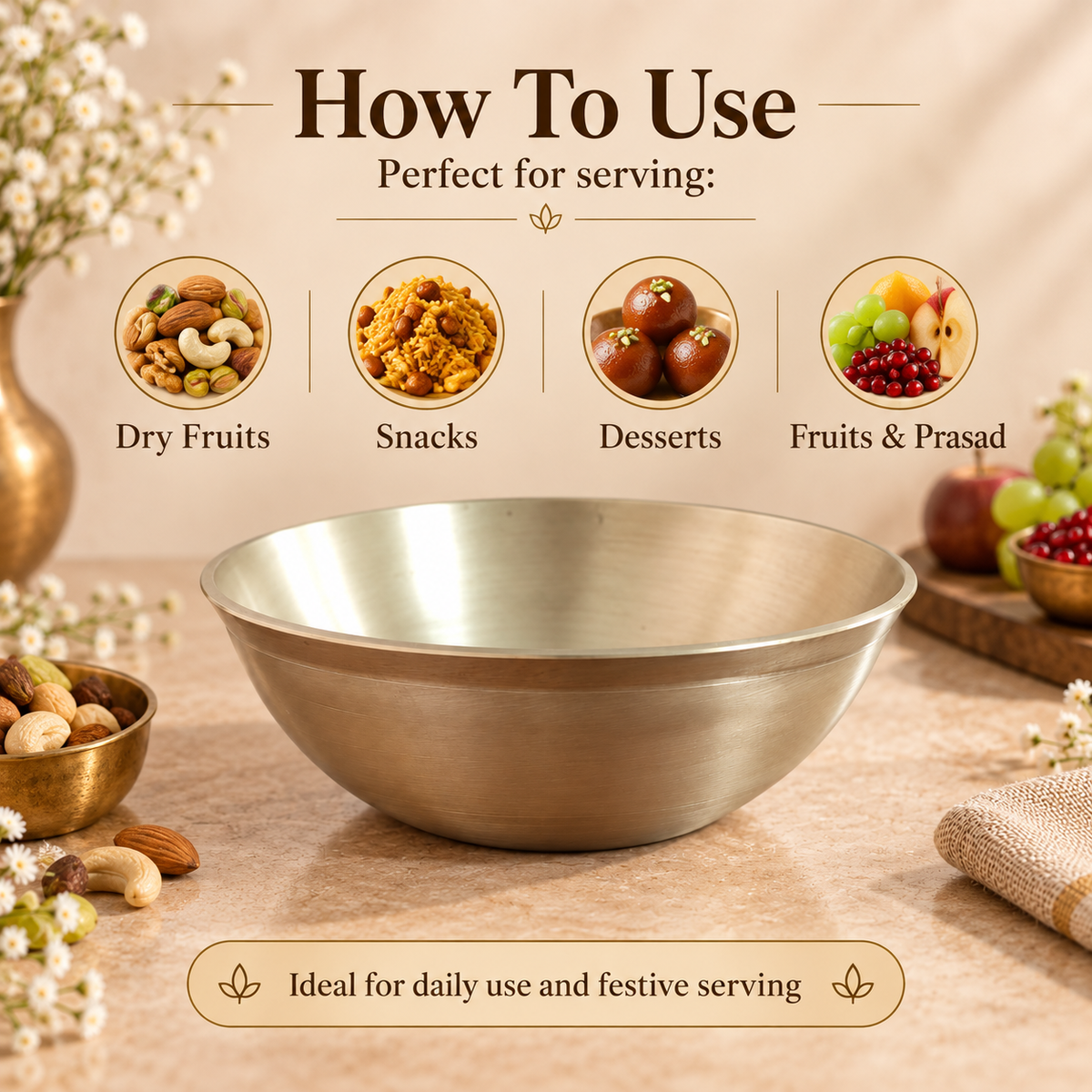 Premium Pure Kansa Bowl Set | Traditional Bronze Metal Serving & Eating Bowls | Handmade Kansa Utensils for Kitchen & Dining.