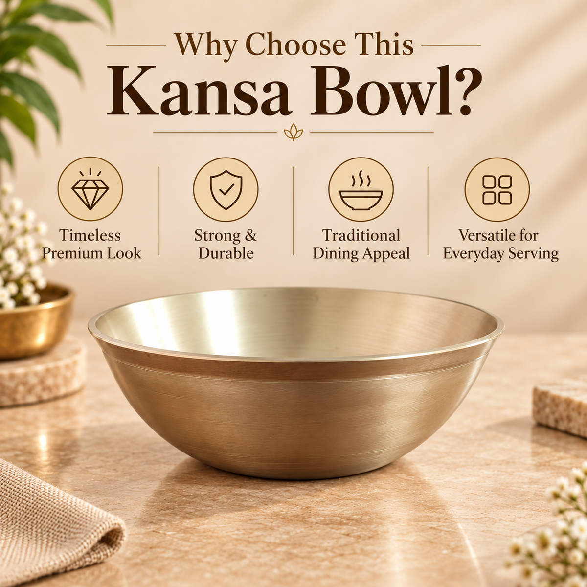 Premium Pure Kansa Bowl Set | Traditional Bronze Metal Serving & Eating Bowls | Handmade Kansa Utensils for Kitchen & Dining.