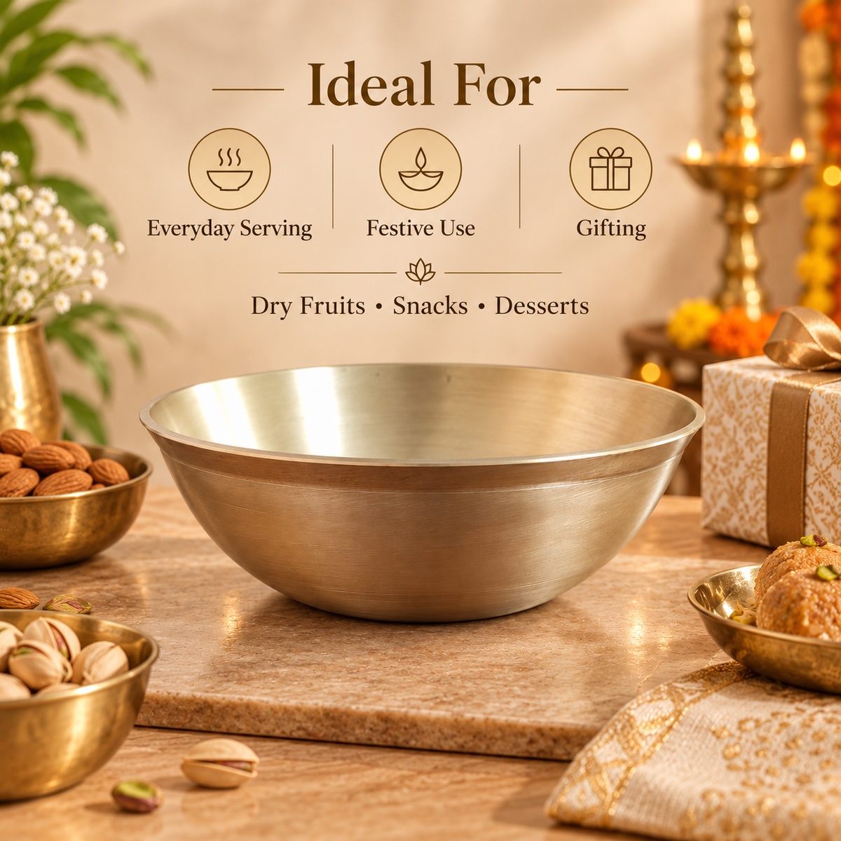 Premium Pure Kansa Bowl Set | Traditional Bronze Metal Serving & Eating Bowls | Handmade Kansa Utensils for Kitchen & Dining.