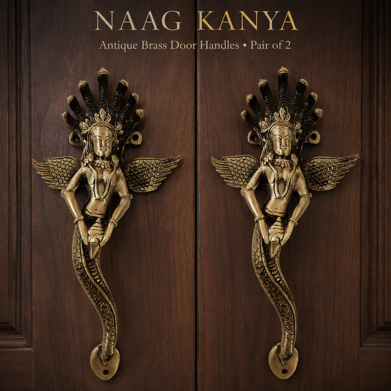 Premium Naag Kanya Brass Door Handle Pair – Antique Finish, 14" Handcrafted Pull | The Indian Aura