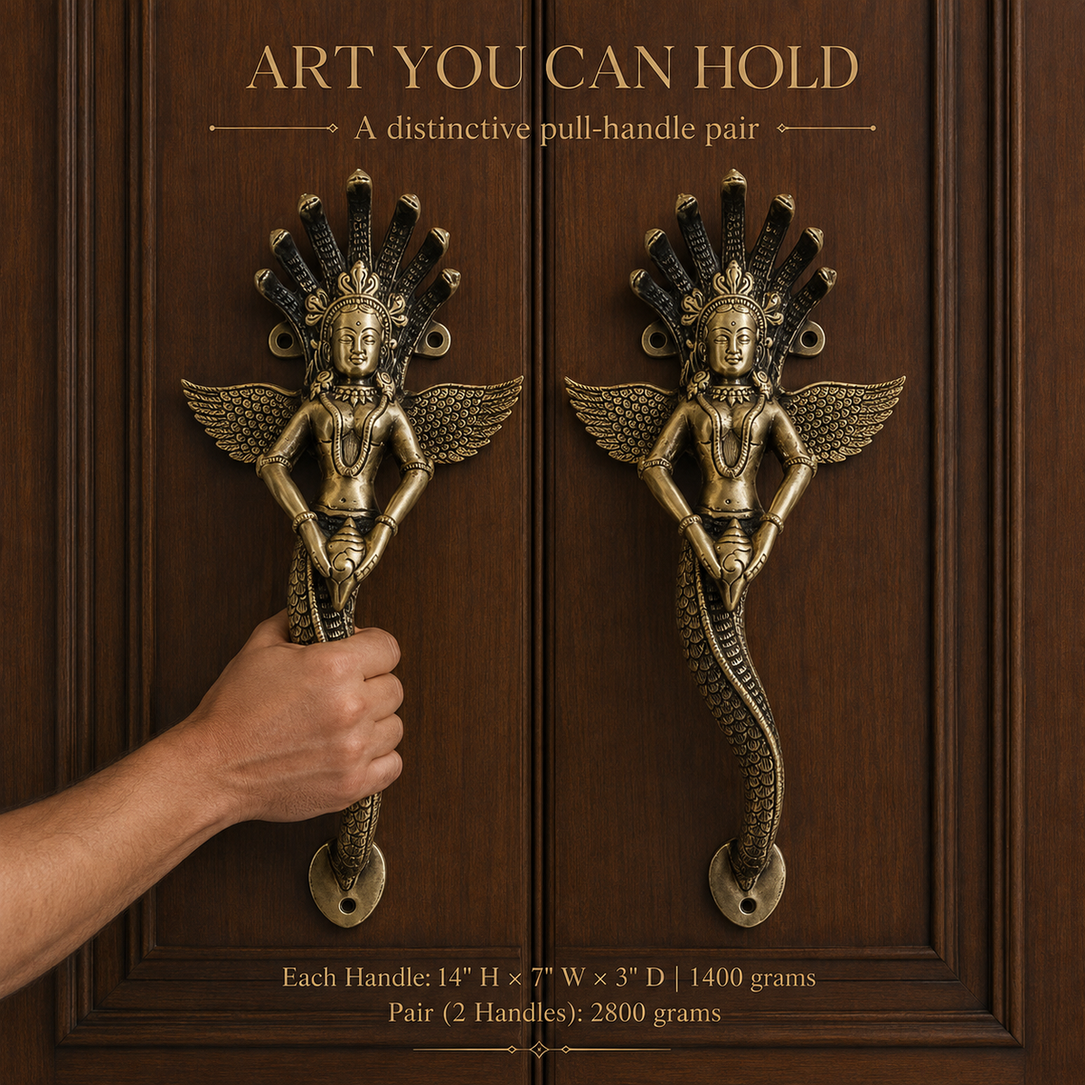 Premium Naag Kanya Brass Door Handle Pair – Antique Finish, 14" Handcrafted Pull | The Indian Aura