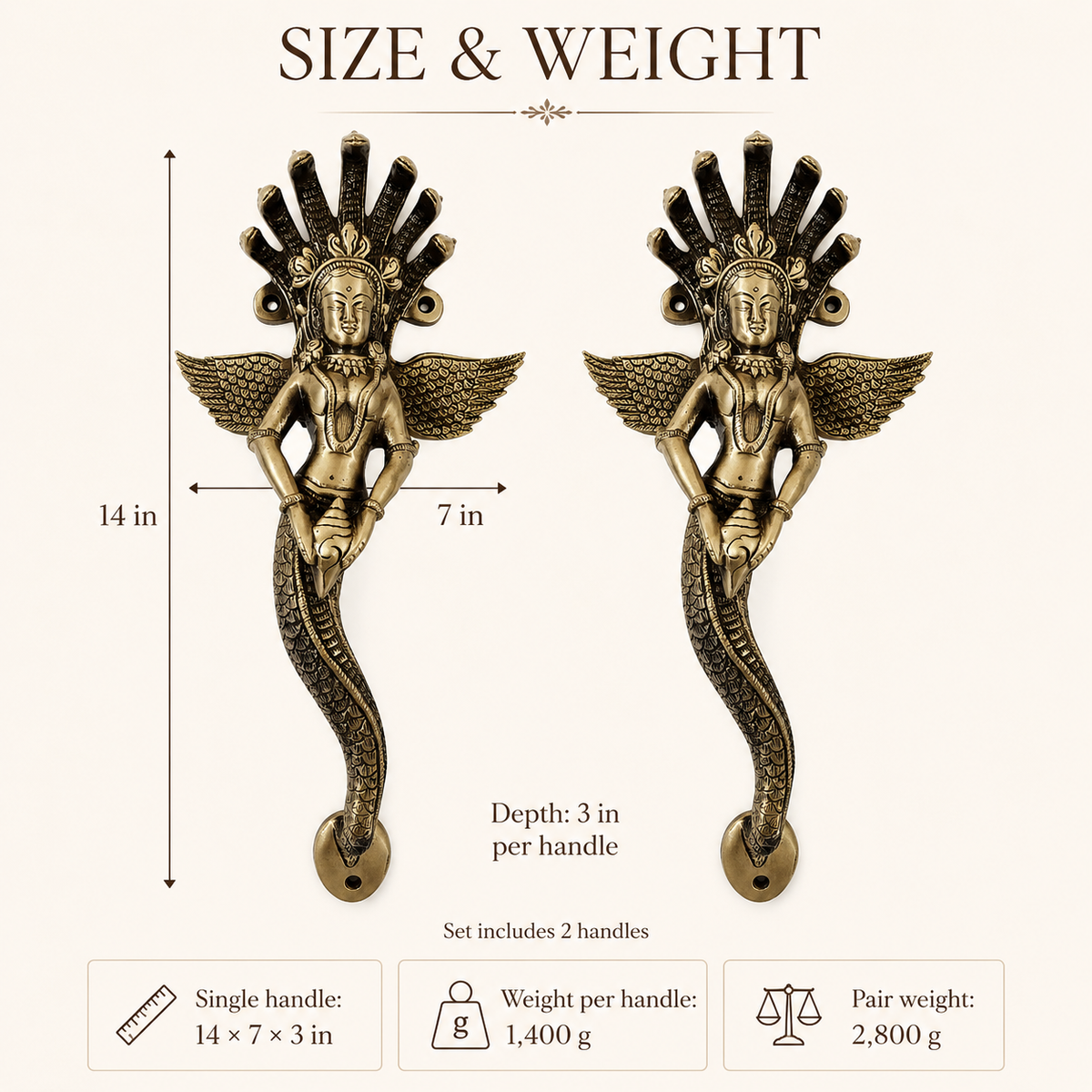 Premium Naag Kanya Brass Door Handle Pair – Antique Finish, 14" Handcrafted Pull | The Indian Aura