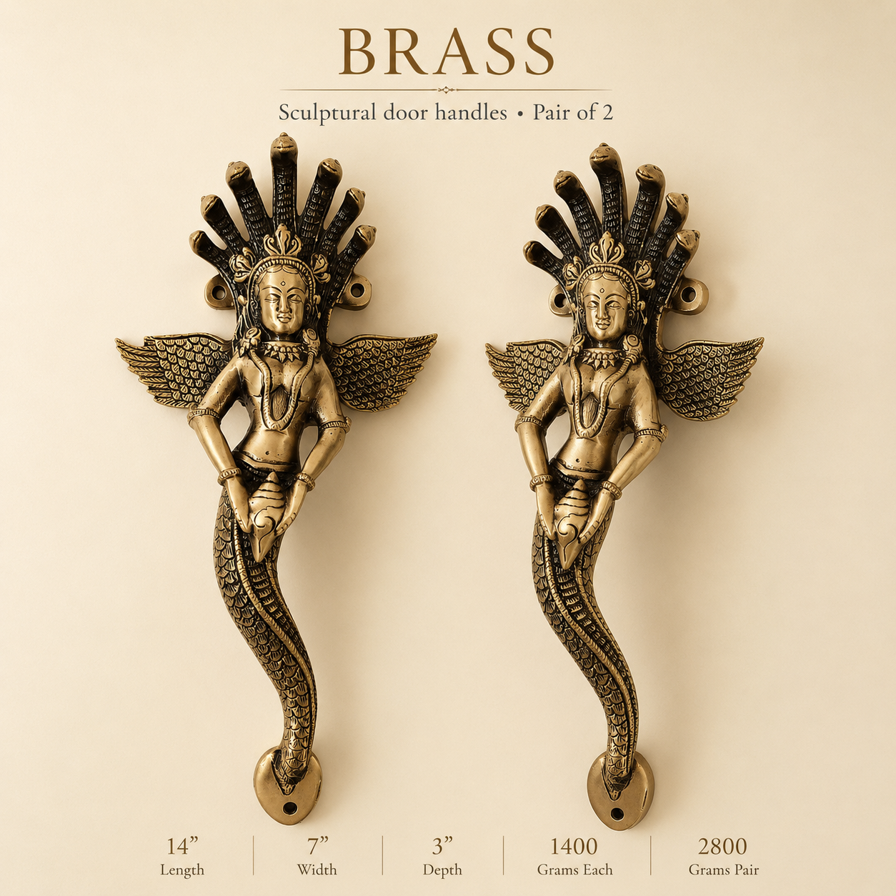 Premium Naag Kanya Brass Door Handle Pair – Antique Finish, 14" Handcrafted Pull | The Indian Aura