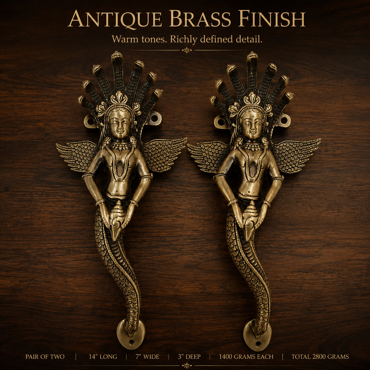 Premium Naag Kanya Brass Door Handle Pair – Antique Finish, 14" Handcrafted Pull | The Indian Aura