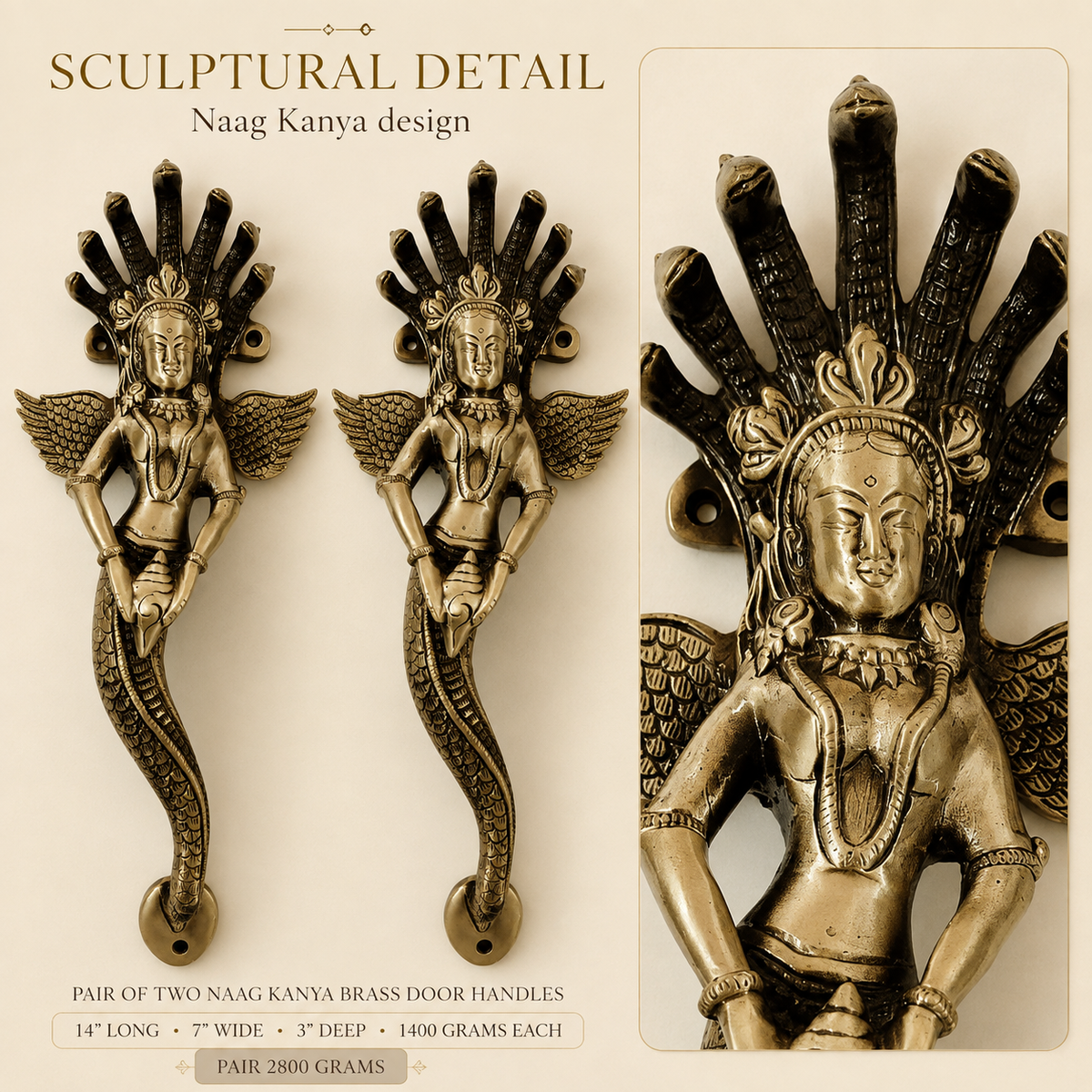 Premium Naag Kanya Brass Door Handle Pair – Antique Finish, 14" Handcrafted Pull | The Indian Aura