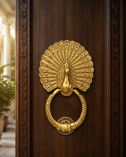 Antique Gold Finish Royal Peacock Front Door Knocker (Large Size) | The Indian Aura