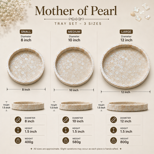 Mother of Pearl Tray Set | Handmade Pearl Shell Decorative Serving Trays | 3 Sizes – 8, 10 & 12 Inch