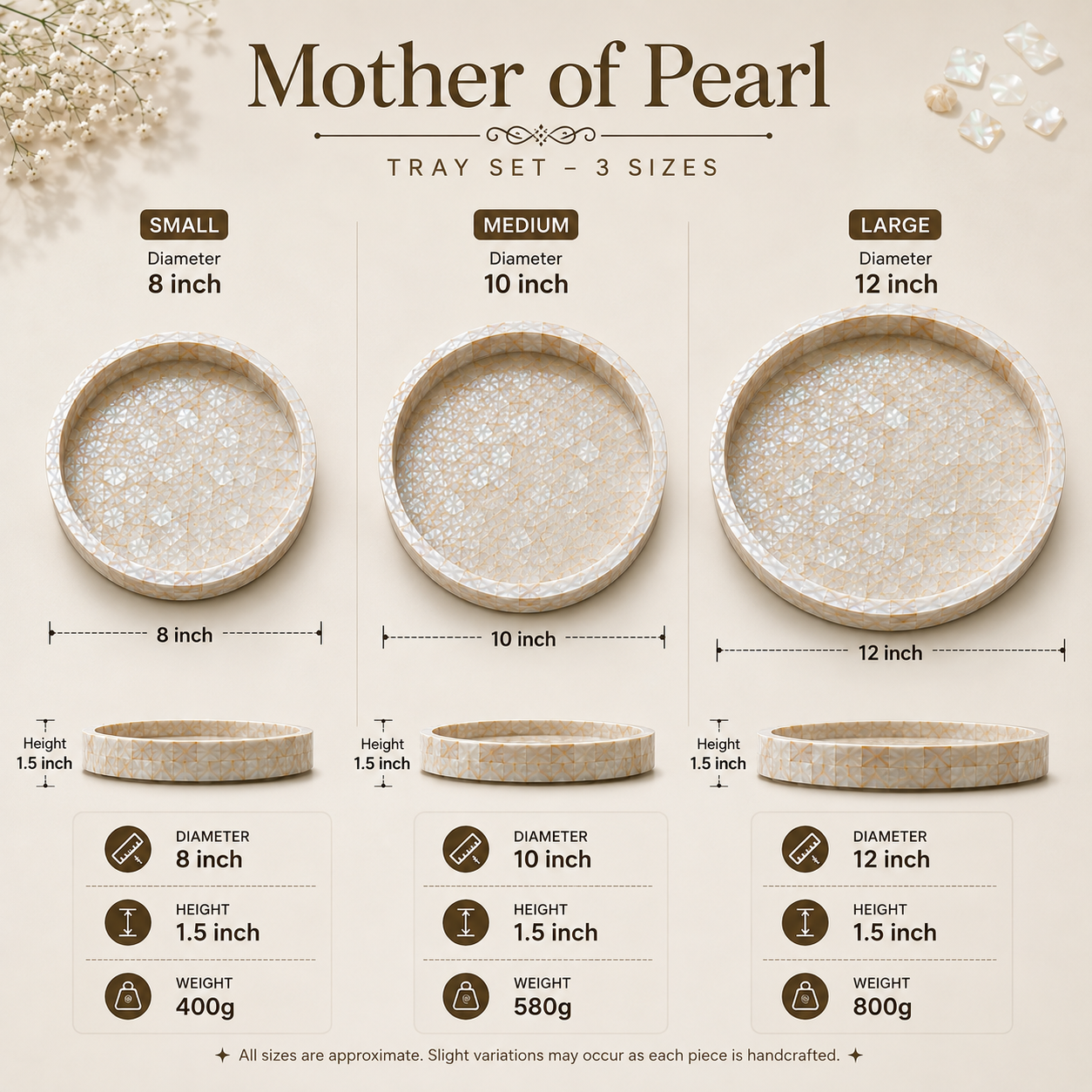 Mother of Pearl Tray Set | Handmade Pearl Shell Decorative Serving Trays | 3 Sizes – 8, 10 & 12 Inch