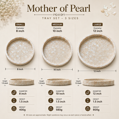 Mother of Pearl Tray Set | Handmade Pearl Shell Decorative Serving Trays | 3 Sizes – 8, 10 & 12 Inch