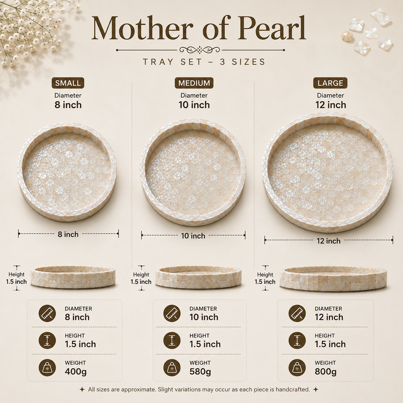 Mother of Pearl Tray Set | Handmade Pearl Shell Decorative Serving Trays | 3 Sizes – 8, 10 & 12 Inch