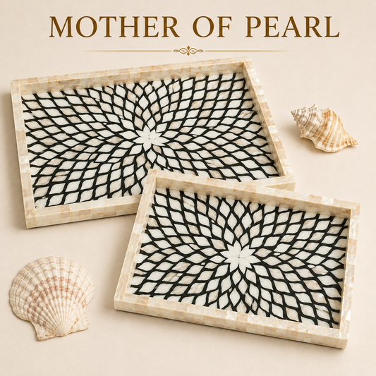 Handcrafted Mother of Pearl Rectangular Tray Set of 2 | Real Shell Inlay Decorative Serving Trays | Black Floral Mosaic Design for Home Décor, Vanity, Coffee Table & Gifting