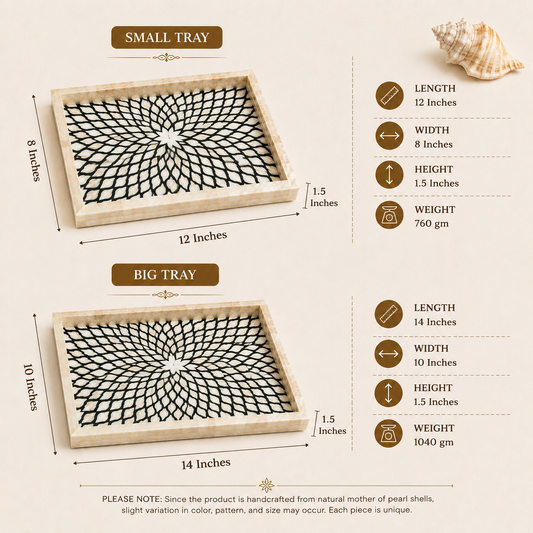 Handcrafted Mother of Pearl Rectangular Tray Set of 2 | Real Shell Inlay Decorative Serving Trays | Black Floral Mosaic Design for Home Décor, Vanity, Coffee Table & Gifting