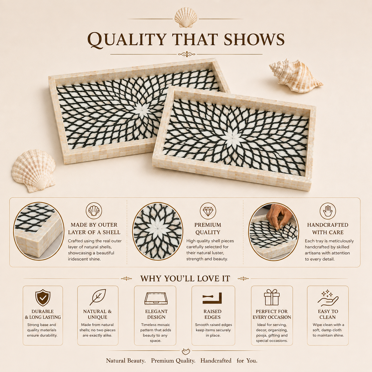 Handcrafted Mother of Pearl Rectangular Tray Set of 2 | Real Shell Inlay Decorative Serving Trays | Black Floral Mosaic Design for Home Décor, Vanity, Coffee Table & Gifting