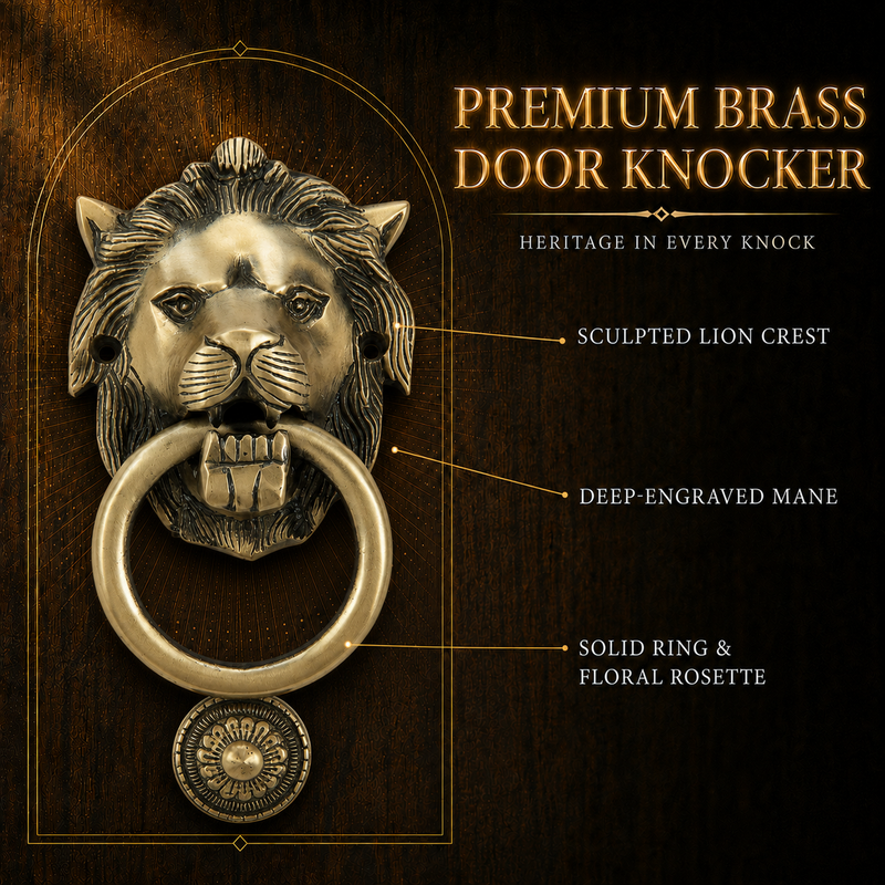 Heritage Sentinel Compact Lion Head Door Knocker – Antique Brass Finish | The Indian Aura