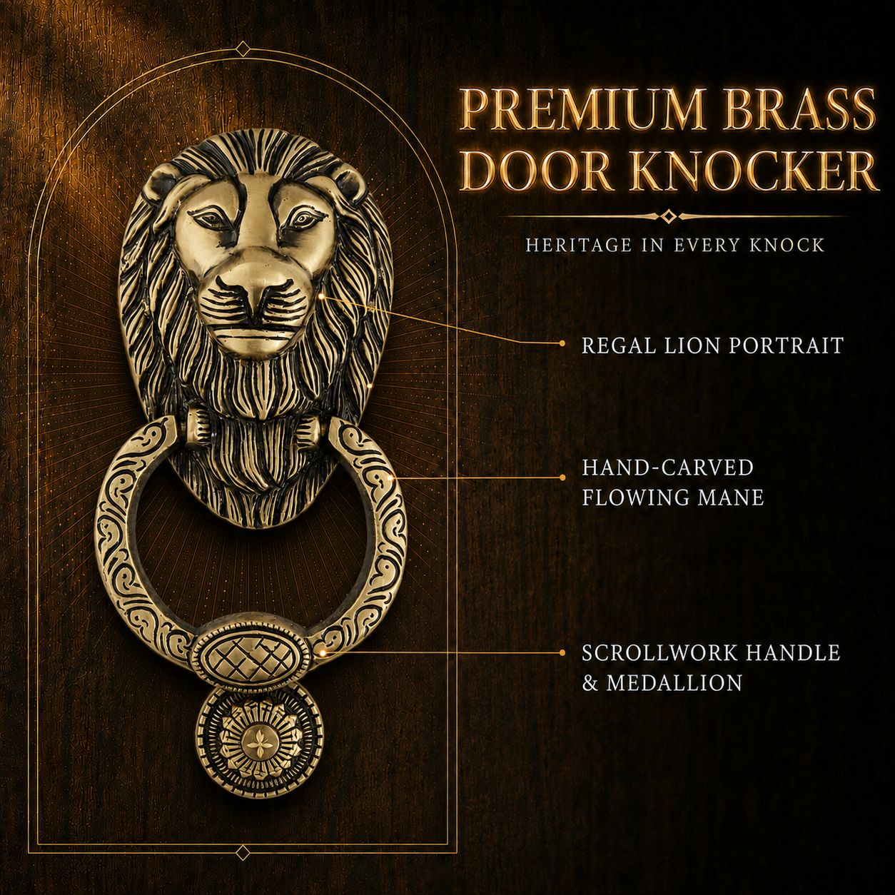Regal Lion Head Door Knocker with Engraved Ring – Antique Brass Finish | The Indian Aura