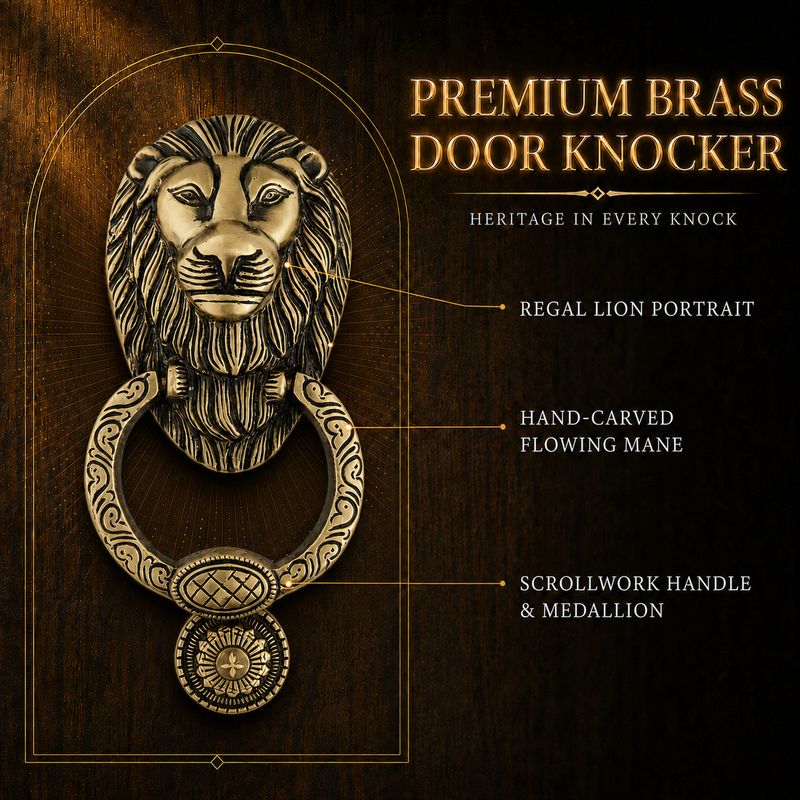 Regal Lion Head Door Knocker with Engraved Ring – Antique Brass Finish | The Indian Aura