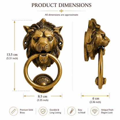 Lion Guardian Brass Door Knocker with Ring Handle for Main Door | The Indian Aura