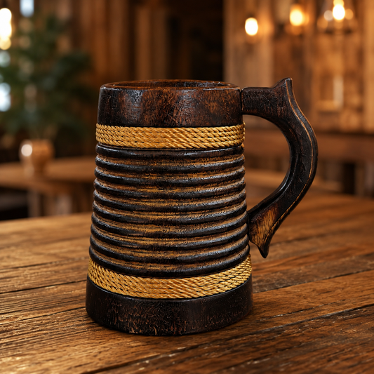 Rustic Wooden Beer Mug | Handcrafted Brown Barrel Tankard with Ribbed Design | Vintage Wooden Coffee Mug | Beer Stein for Beer, Tea & Juice
