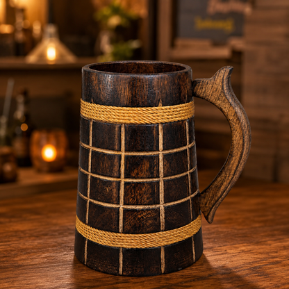 Handcrafted Wooden Beer Mug Combo Set | Rustic Brown Wooden Tankard Set | Grid & Ribbed Design Beer Stein | Wooden Coffee Mug Gift Set