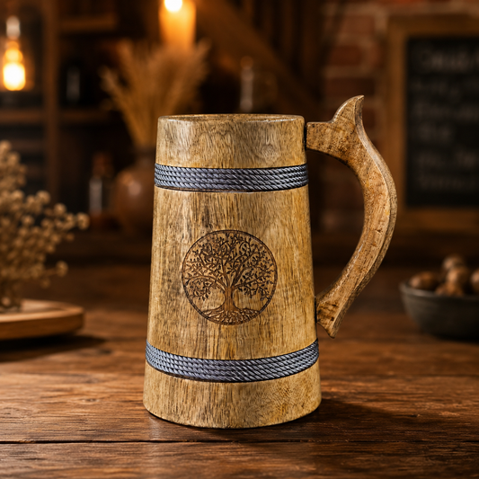 Handcrafted Natural Wooden Beer Mug | Tree of Life Engraved Wooden Tankard | Rustic Coffee Mug | Wooden Beer Stein for Beer, Tea & Juice