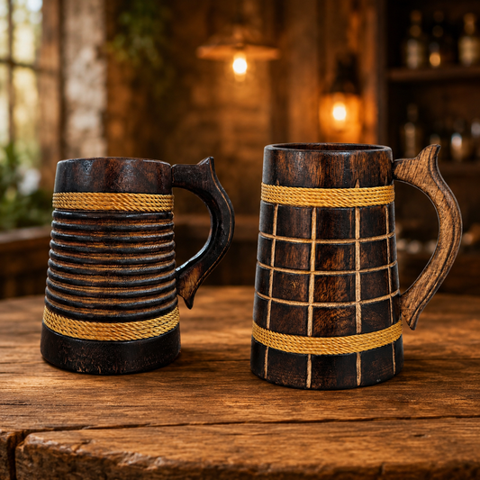 Handcrafted Wooden Beer Mug Combo Set | Rustic Brown Wooden Tankard Set | Grid & Ribbed Design Beer Stein | Wooden Coffee Mug Gift Set