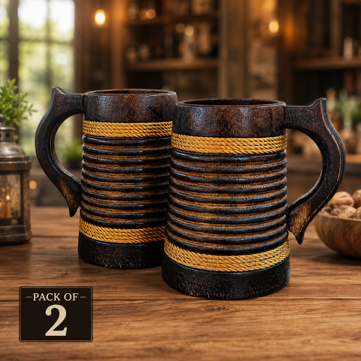 Rustic Wooden Beer Mug | Handcrafted Brown Barrel Tankard with Ribbed Design | Vintage Wooden Coffee Mug | Beer Stein for Beer, Tea & Juice