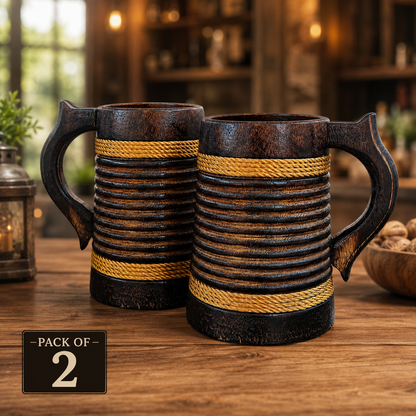 Rustic Wooden Beer Mug | Handcrafted Brown Barrel Tankard with Ribbed Design | Vintage Wooden Coffee Mug | Beer Stein for Beer, Tea & Juice