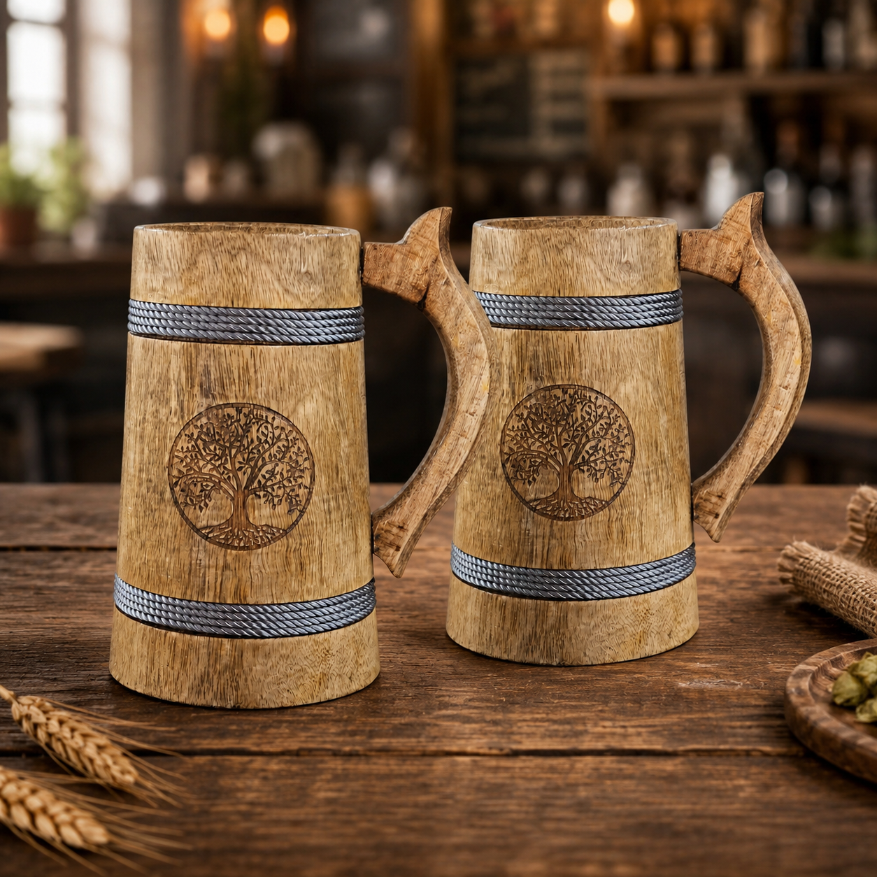 Handcrafted Natural Wooden Beer Mug | Tree of Life Engraved Wooden Tankard | Rustic Coffee Mug | Wooden Beer Stein for Beer, Tea & Juice