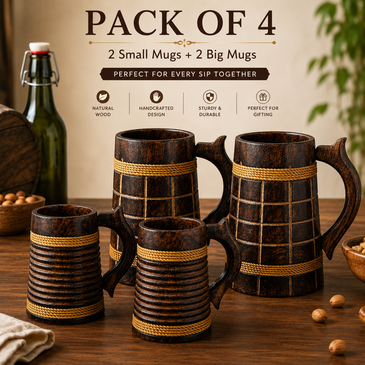 Handcrafted Wooden Beer Mug Combo Set | Rustic Brown Wooden Tankard Set | Grid & Ribbed Design Beer Stein | Wooden Coffee Mug Gift Set