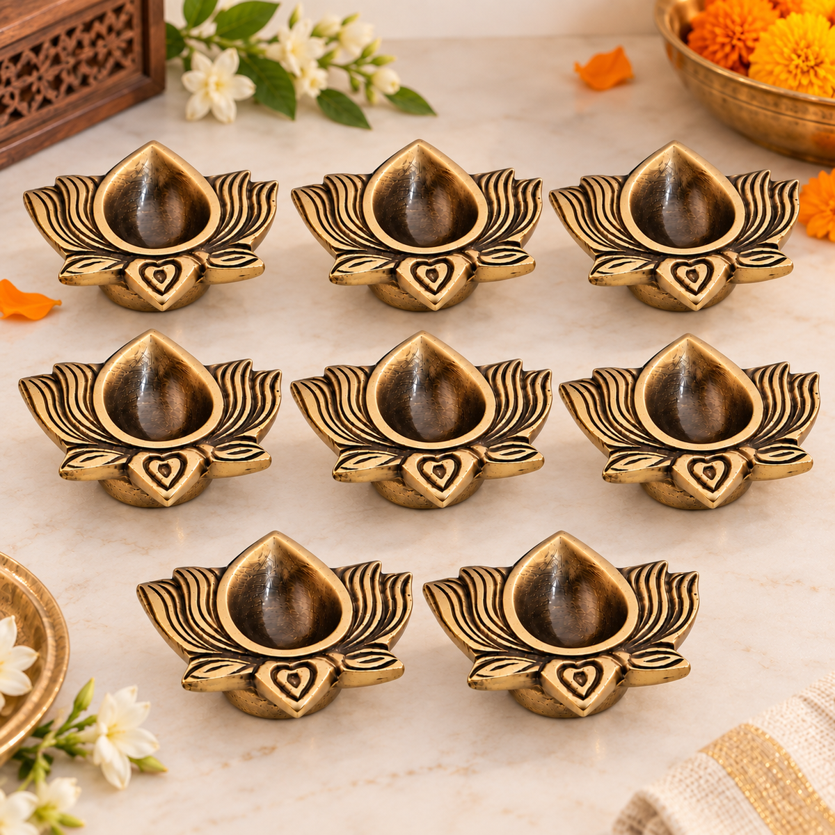 Brass Lotus Diya in Antique Finish – Traditional Oil Lamp for Puja & Diwali | The Indian Aura