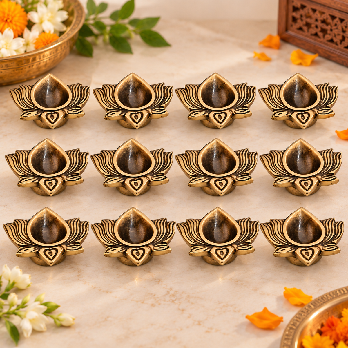 Brass Lotus Diya in Antique Finish – Traditional Oil Lamp for Puja & Diwali | The Indian Aura