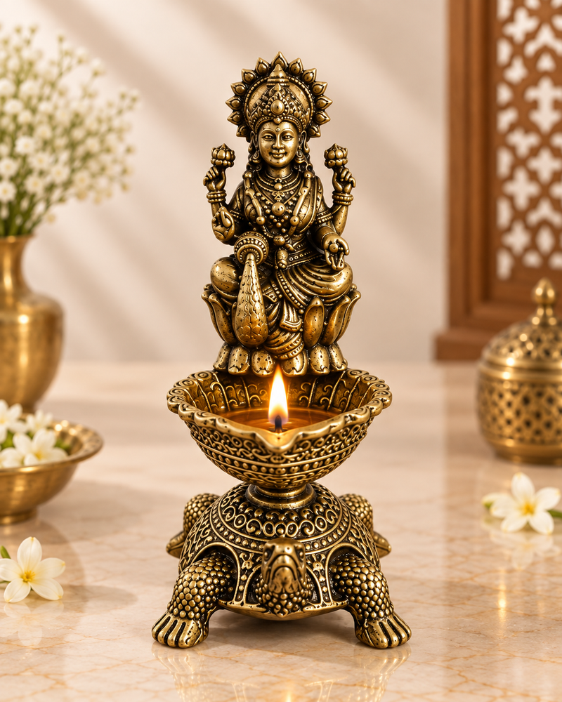 Antique Brass Lakshmi Diya with Turtle Base for Puja & Home Decor | The Indian Aura