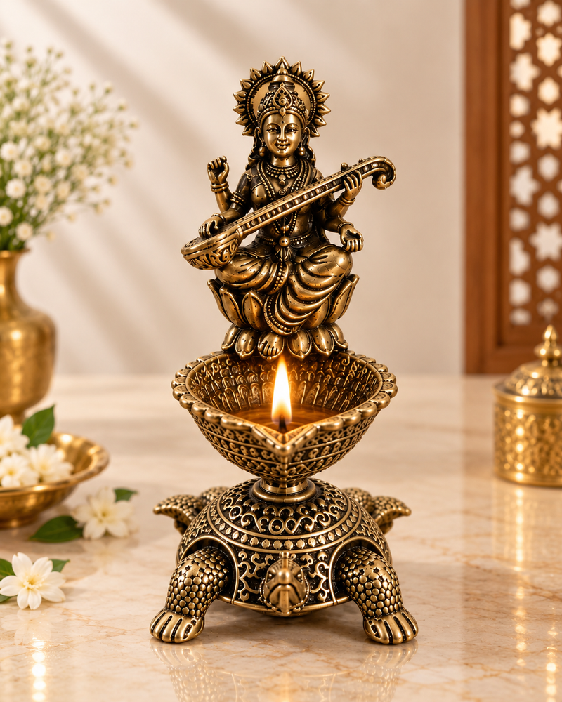 Antique Brass Saraswati Diya with Turtle Base for Puja & Home Decor | The Indian Aura