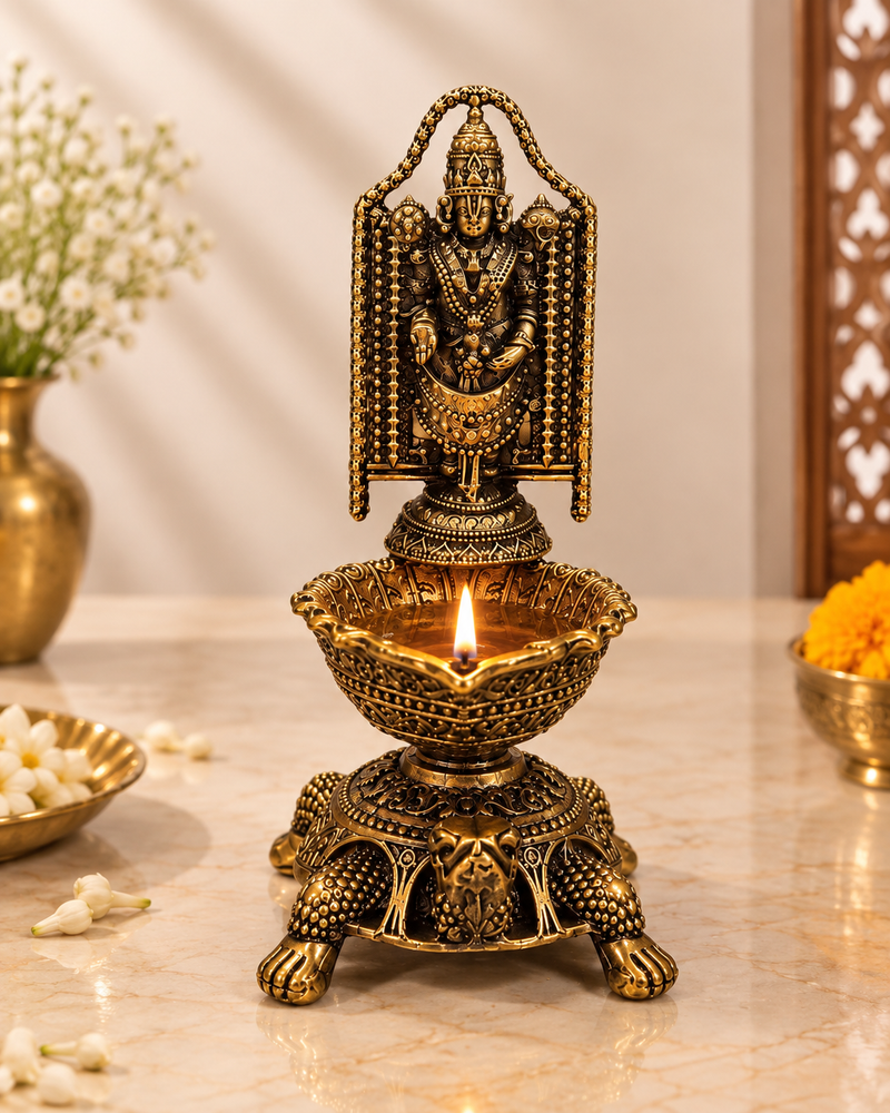 Brass Lord Venkateswara Diya with Turtle Base | Antique Finish, Pure Brass, 8.8cm Height, Pooja & Temple Decor, Deepam Oil Lamp