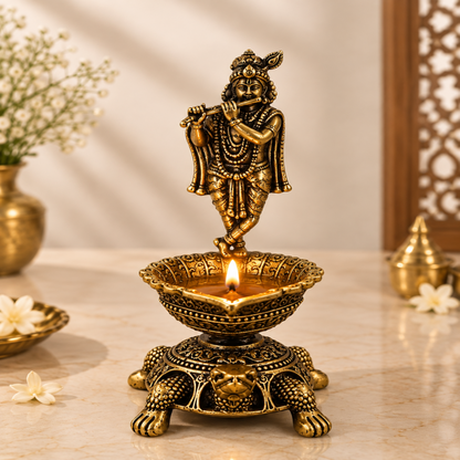 Brass Krishna Diya with Tortoise Base | Antique Finish, Pure Brass, 8.8cm Height, Pooja & Temple Decor, Deepam Oil Lamp